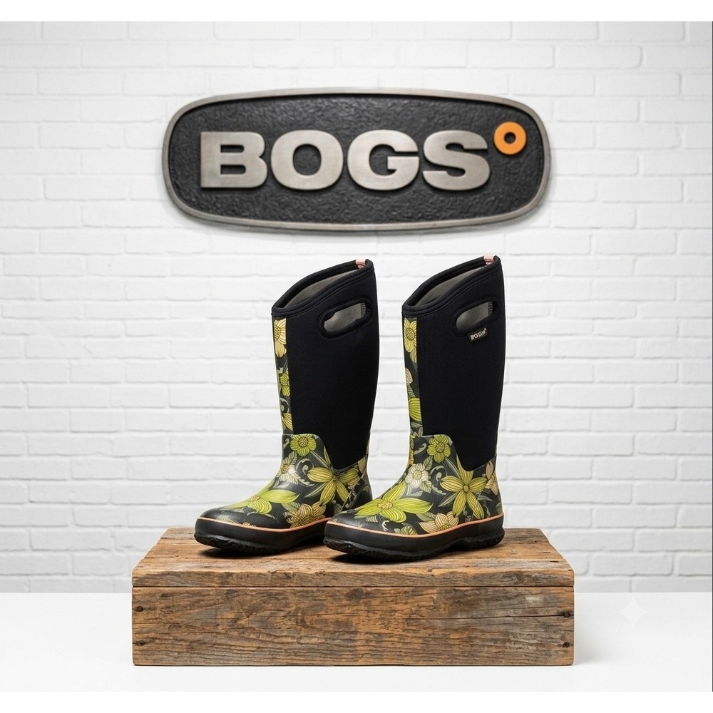 Bogs Classic High Stargazer Floral‎ Waterproof Rain garden Boots Black Green 6